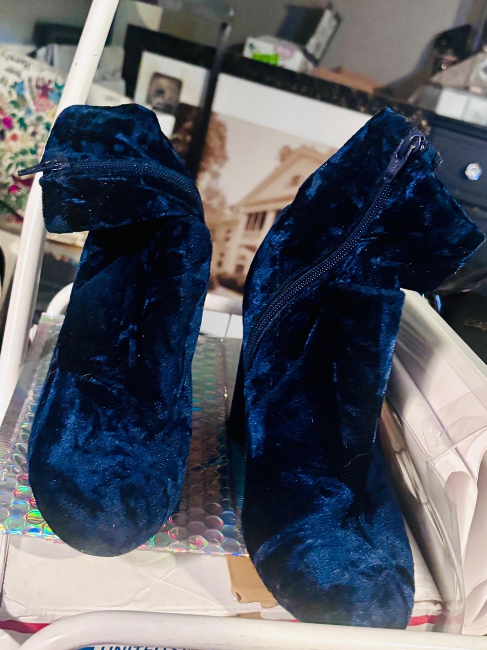 Velvet Ankle Boots - Navy Blue Women's Shoes